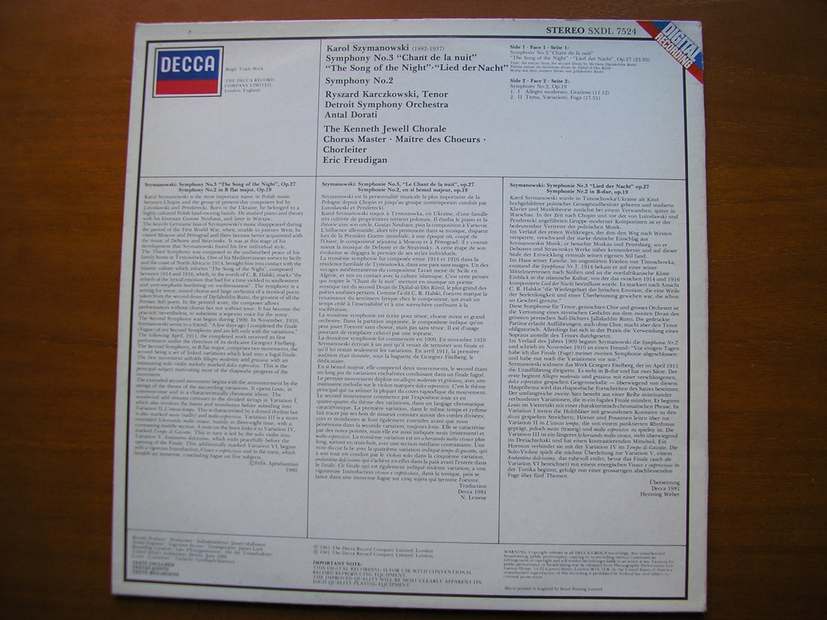 SZYMANOWSKI: SYMPHONY No. 2 / SYMPHONY No. 3 'Chant de la Nuit'       DORATI / DETROIT SYMPHONY     SXDL 7524