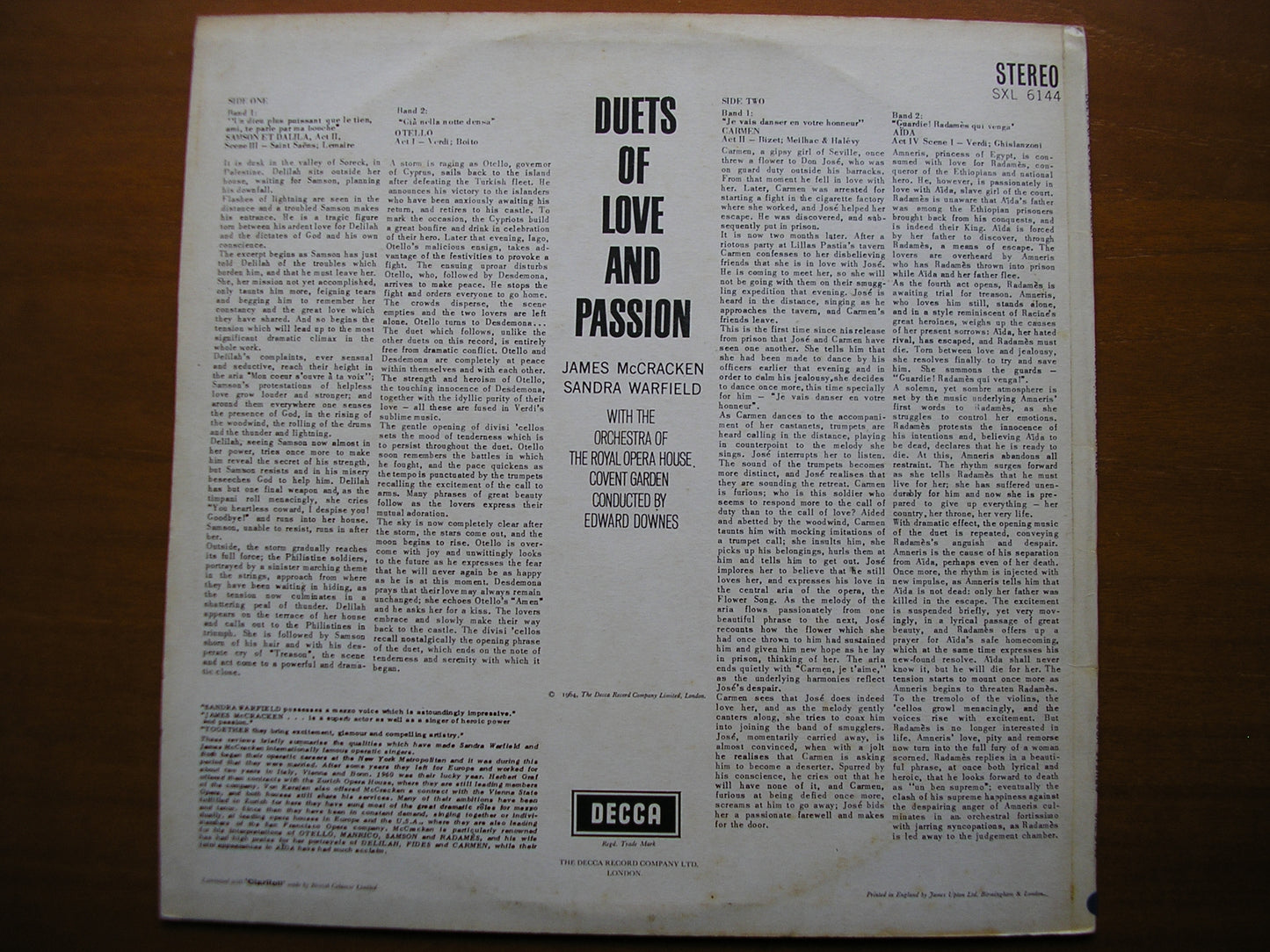 SXL 6144  DUETS OF LOVE & PASSION: BIZET / VERDI / SAINT-SAENS     McCRACKEN / WARFIELD / OROHCG / DOWNES     ED1