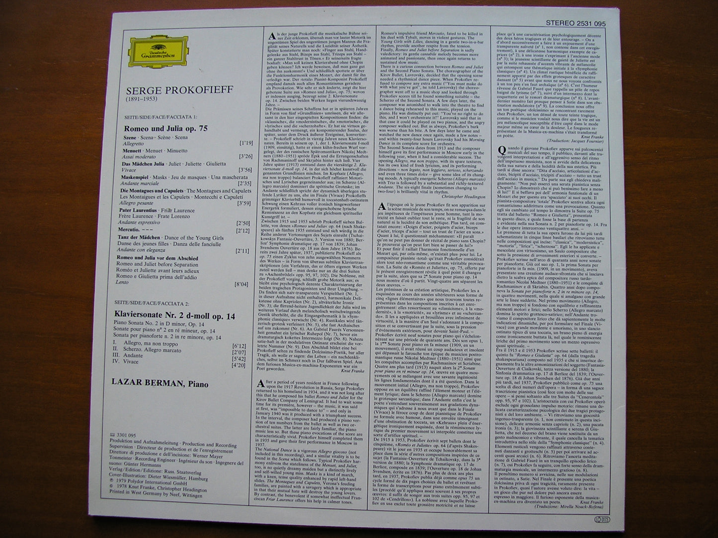 PROKOFIEV: PIANO SONATA No. 2 / ROMEO & JULIET Op. 75      LAZAR BERMAN      2531 095