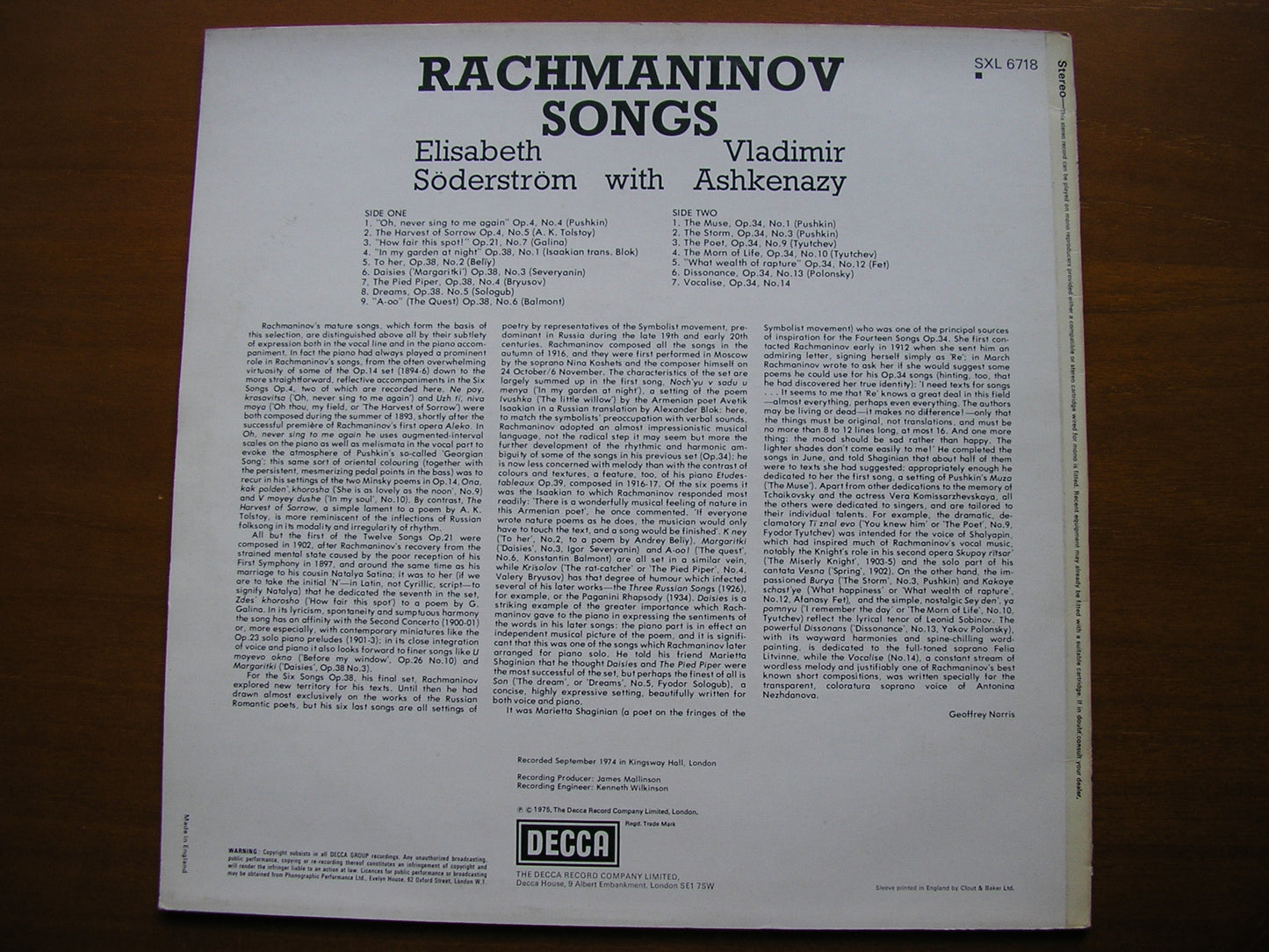 RACHMANINOV: SONGS    Volume 1     ELISABETH SODERSTROM / VLADIMIR ASHKENAZY     SXL 6718