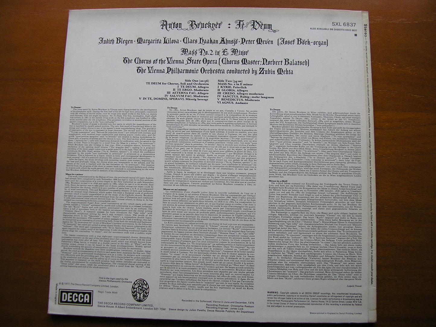 BRUCKNER: TE DEUM / MASS No. 2 in E      SOLOISTS / VIENNA PHILHARMONIC / MEHTA      SXL 6837