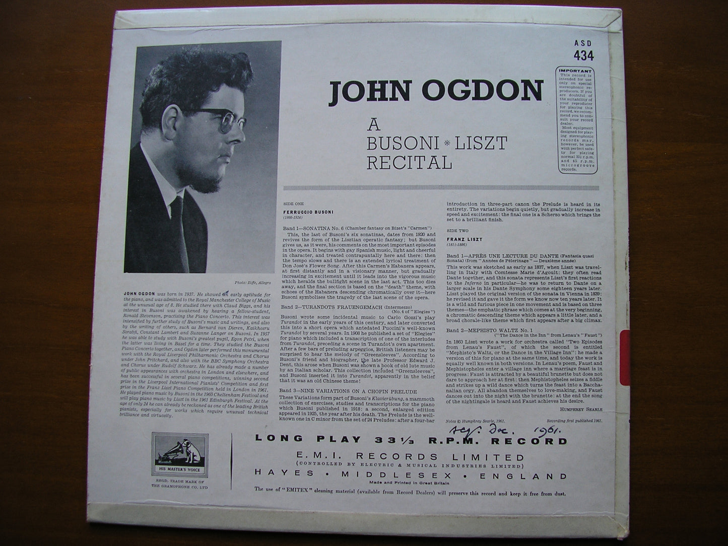 BUSONI: SONATINA No. 6 / ELEGY No. 4 / VARIATIONS / LISZT: MEPHISTO WALTZ No. 1 / APRES UNE LECTURE      JOHN OGDON      ASD 434