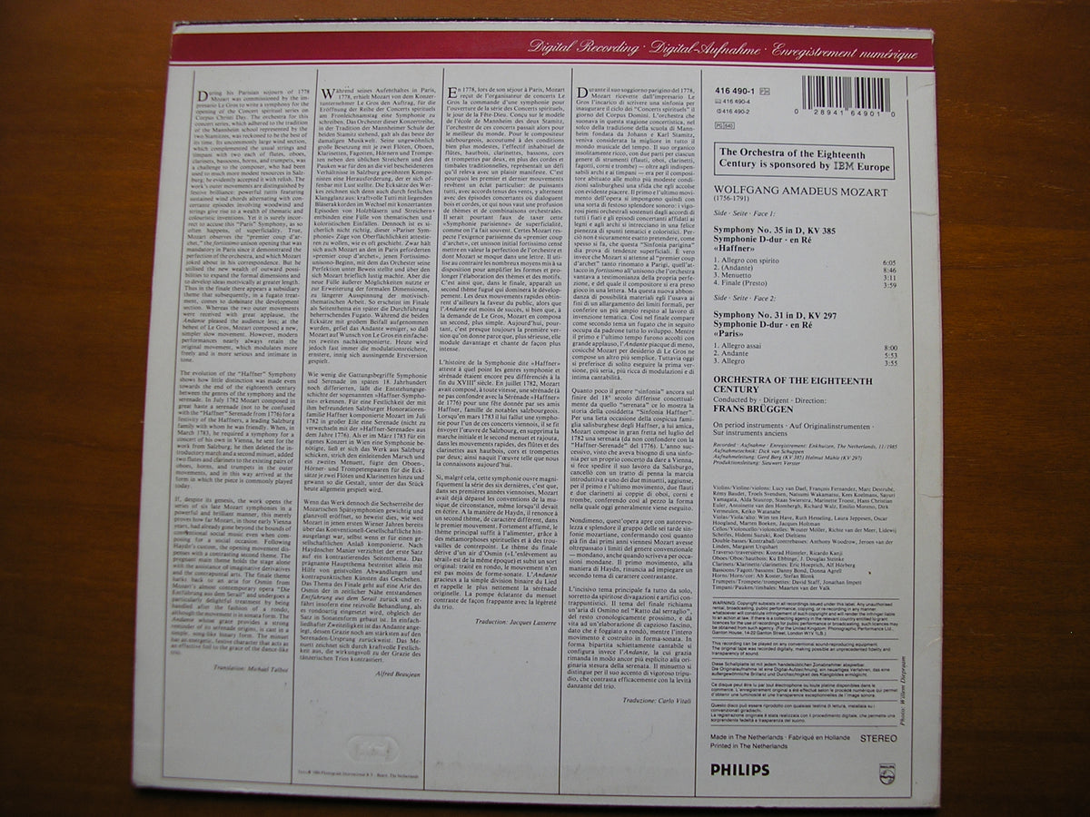 MOZART: SYMPHONIES Nos. 31 'Paris'  &  35 'Haffner'         BRUGGEN / ORCHESTRA OF THE 18th CENTURY    416 490