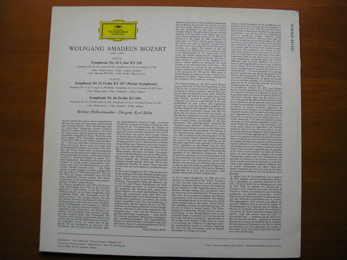 MOZART: SYMPHONIES Nos. 26 / 31 'Paris' / 34      BOHM / BERLIN PHILHARMONIC     139 159