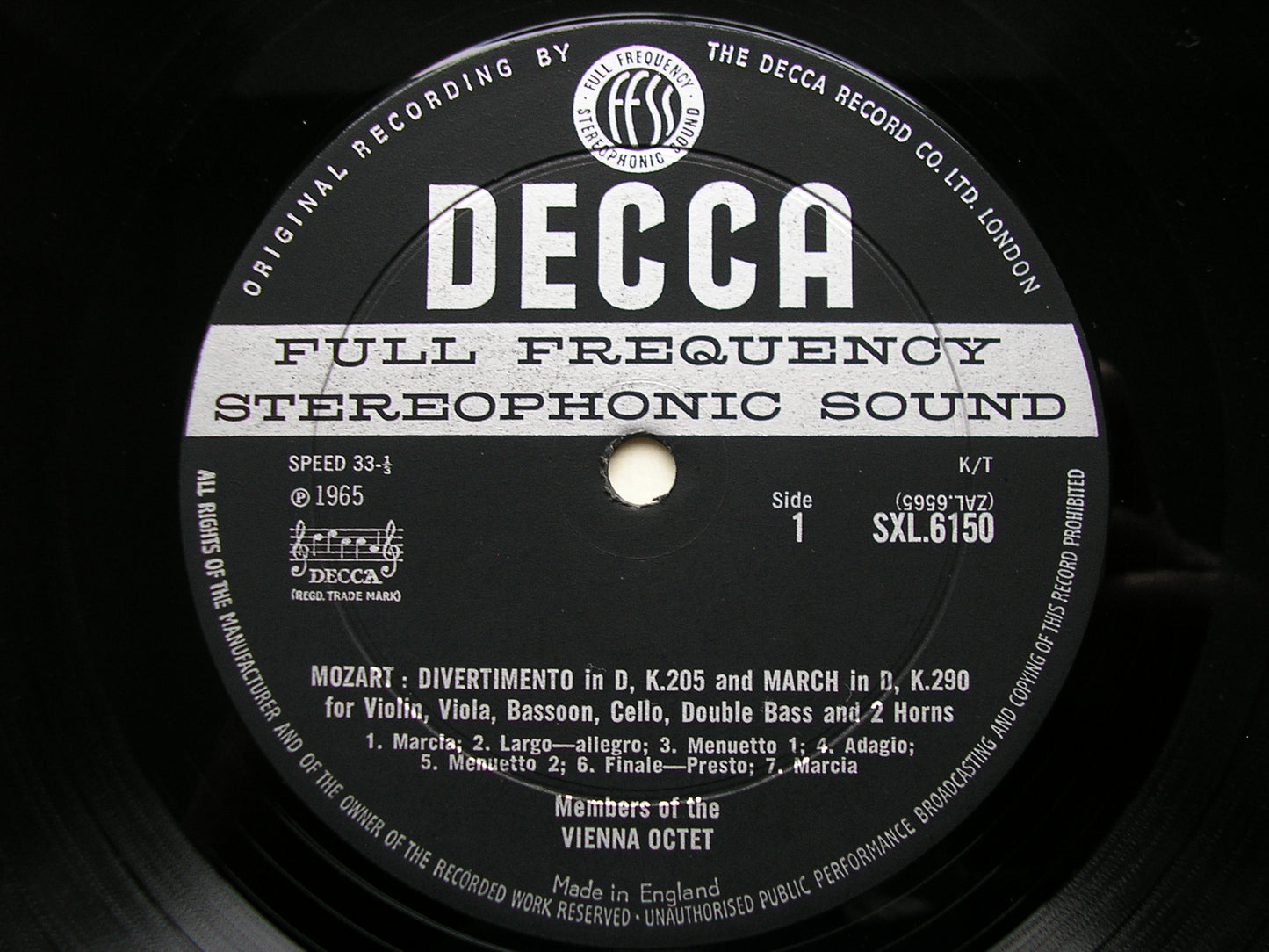 SXL 6150  MOZART: DIVERTIMENTO K205 / MARCH K290 / CASSATION K99      MEMBERS OF THE VIENNA OCTET    ED1