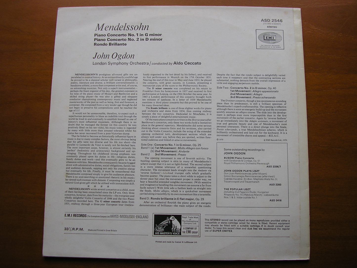 MENDELSSOHN: PIANO CONCERTOS Nos. 1 & 2      OGDON / LONDON SYMPHONY / CECCATO     ASD 2546