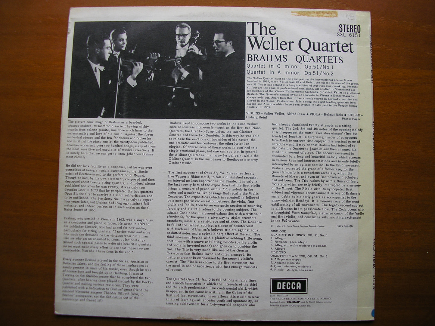 SXL 6151  BRAHMS: STRING QUARTETS Nos. 1 & 2     THE WELLER QUARTET     ED1