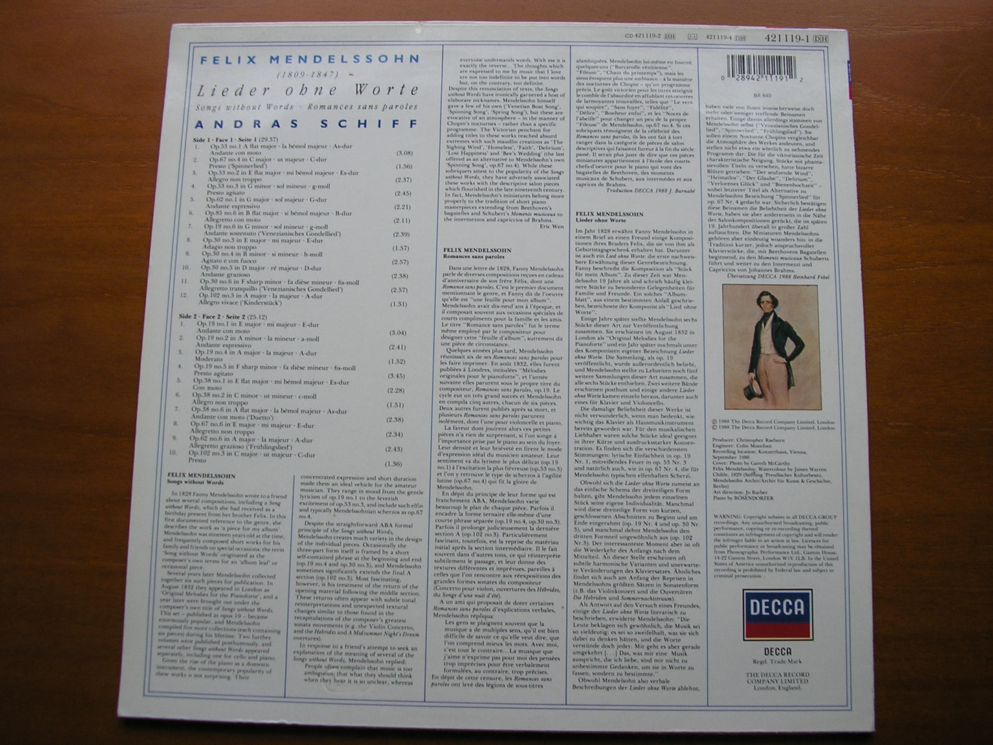 MENDELSSOHN: SONGS WITHOUT WORDS      ANDRAS SCHIFF    421 119