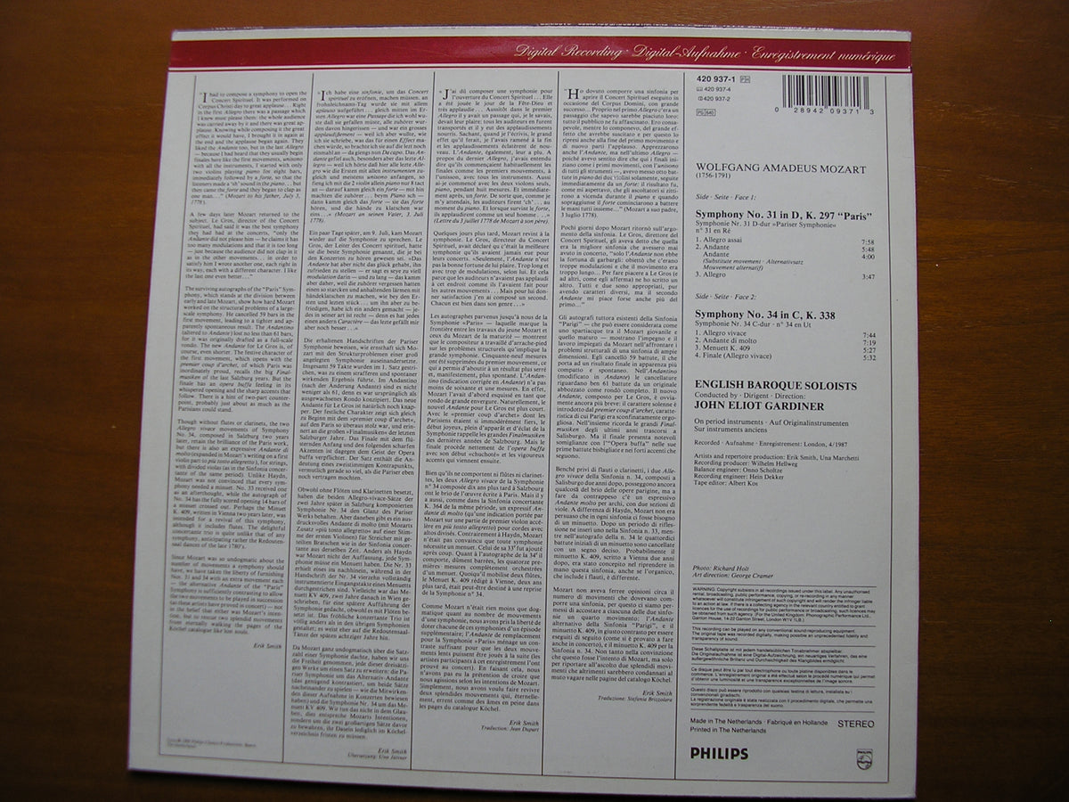 MOZART: SYMPHONIES Nos. 31 'Paris'  &  34        GARDINER / ENGLISH BAROQUE SOLOISTS      420 937
