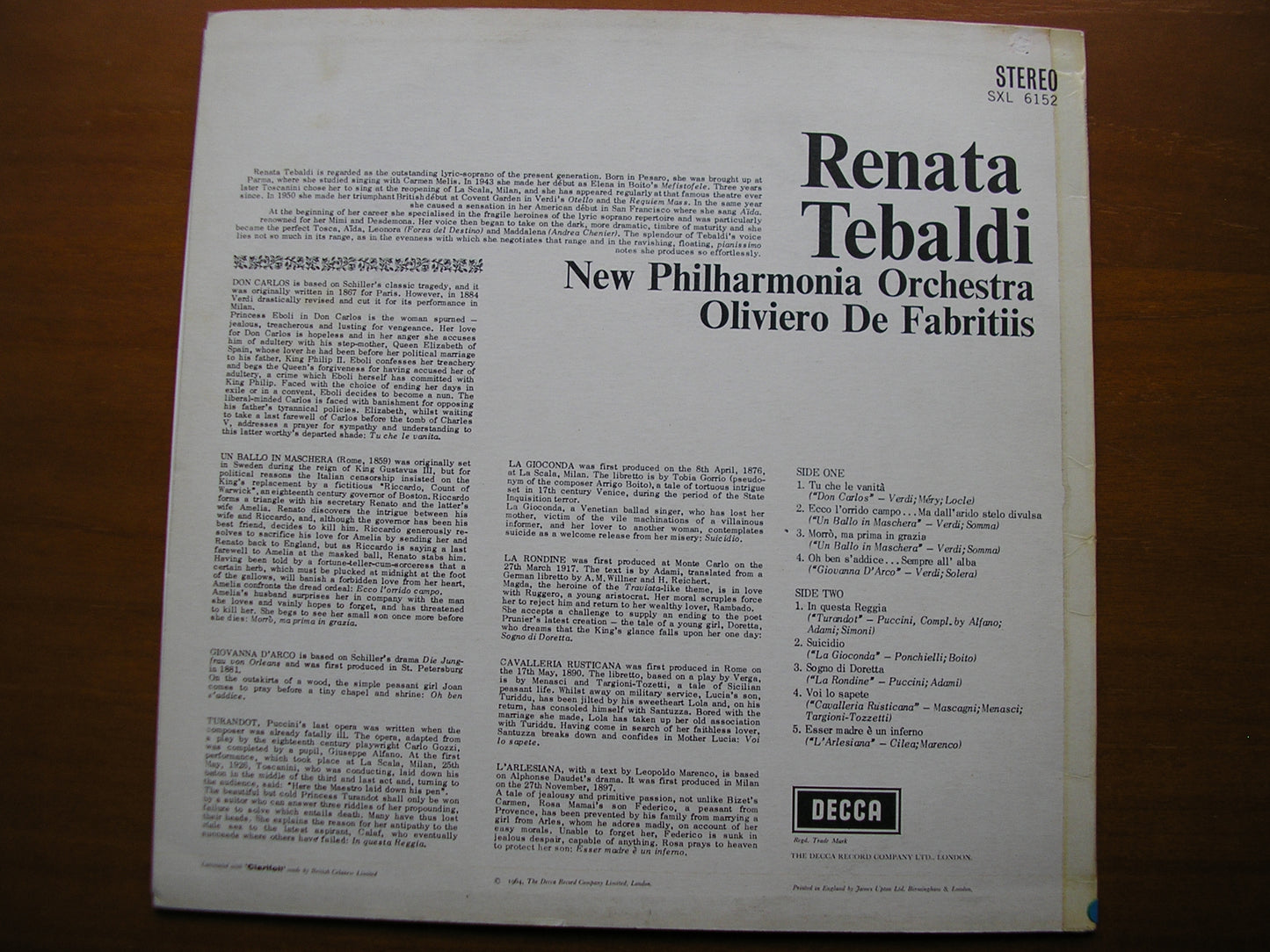 SXL 6152  RENATA TEBALDI SINGS OPERA ARIAS: VERDI / PUCCINI / CILEA / MASCAGNI      NEW PHILHARMONIA / DE FABRITIIS      ED1