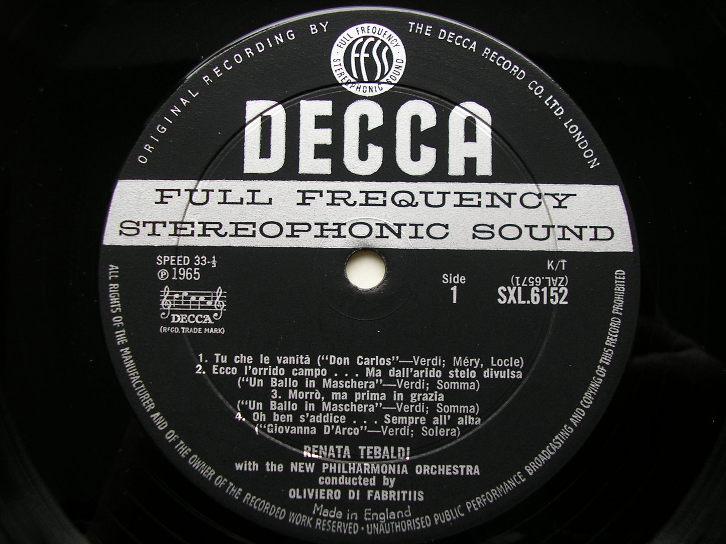 SXL 6152  RENATA TEBALDI SINGS OPERA ARIAS: VERDI / PUCCINI / CILEA / MASCAGNI      NEW PHILHARMONIA / DE FABRITIIS      ED1