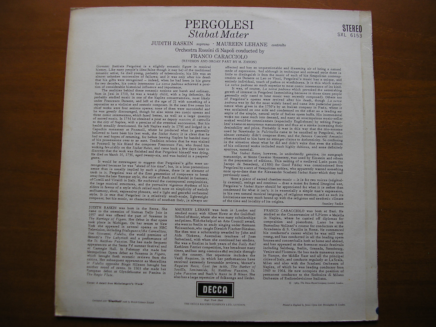 SXL 6153  PERGOLESI: STABAT MATER    RASKIN / LEHANE / ROSSINI ORCHESTRA OF NAPLES / CARACCIOLO      ED1