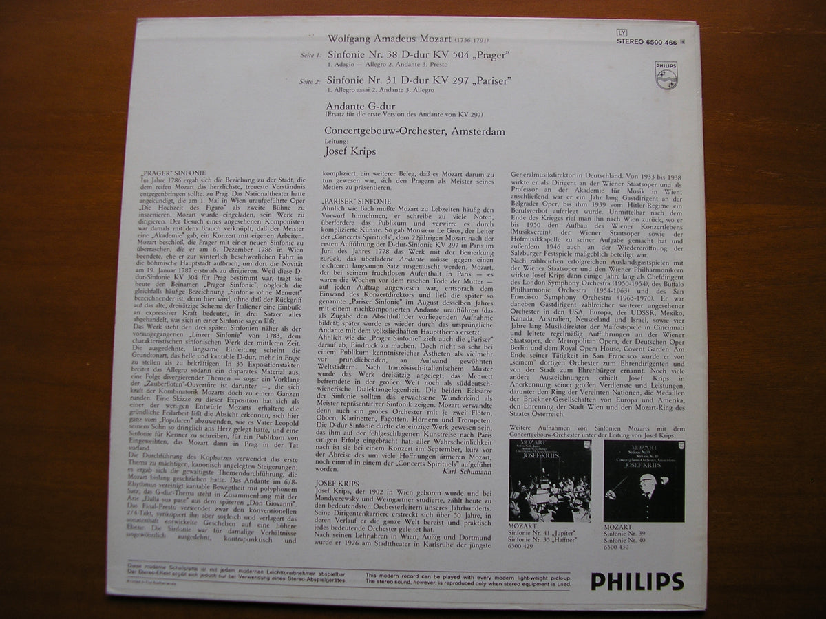 MOZART: SYMPHONIES Nos. 31 'Paris'  &  38 'Prague'     KRIPS / CONCERTGEBOUW ORCHESTRA    6500 466