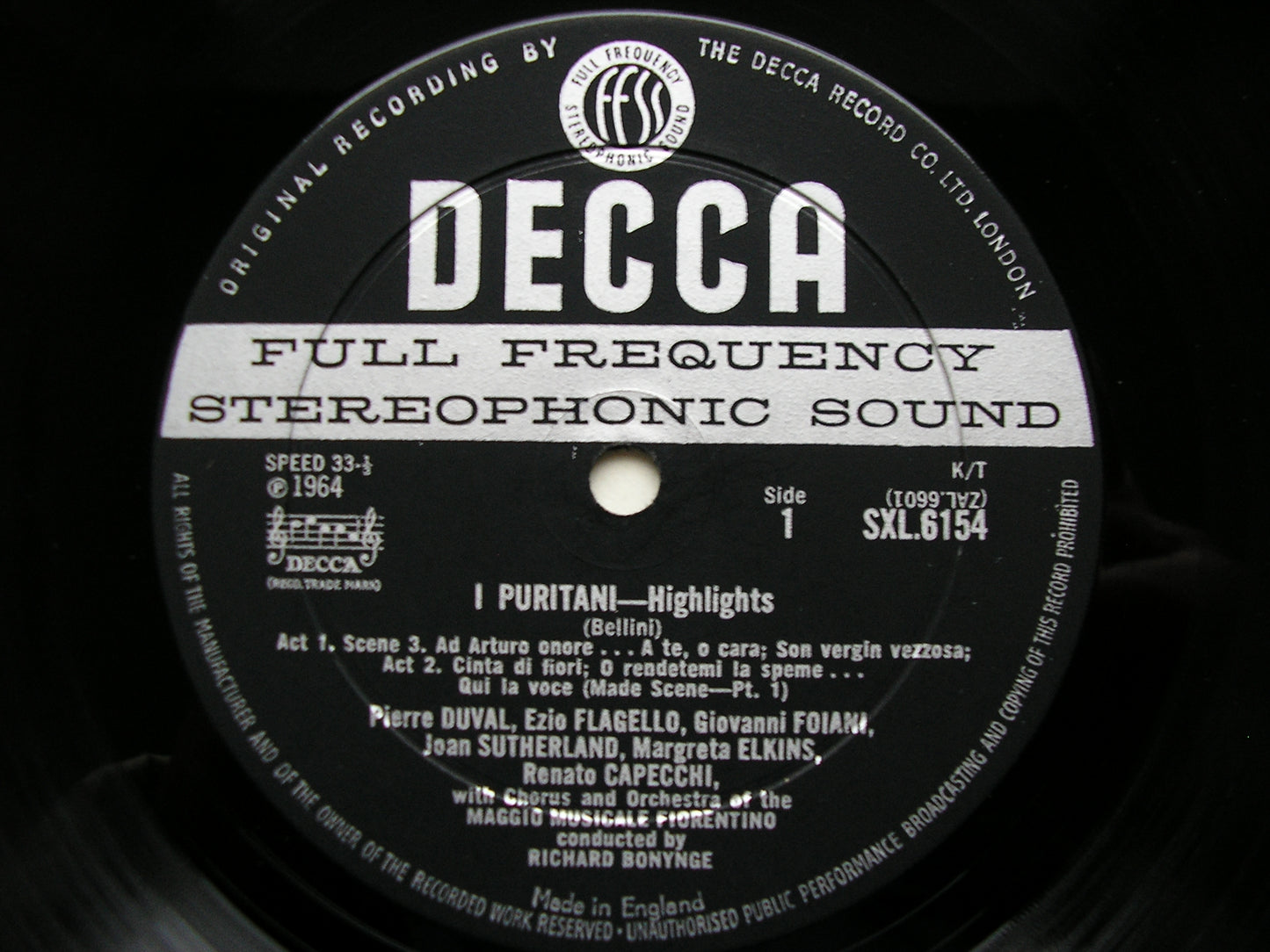 SXL 6154  BELLINI: I PURITANI    highlights    SUTHERLAND / DUVAL / CAPECCHI / MAGGIO MUSICALE / BONYNGE     ED1