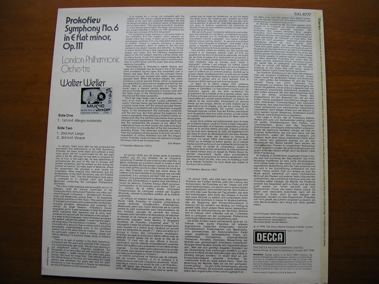 PROKOFIEV: SYMPHONY No. 6     WELLER / LONDON PHILHARMONIC    SXL 6777