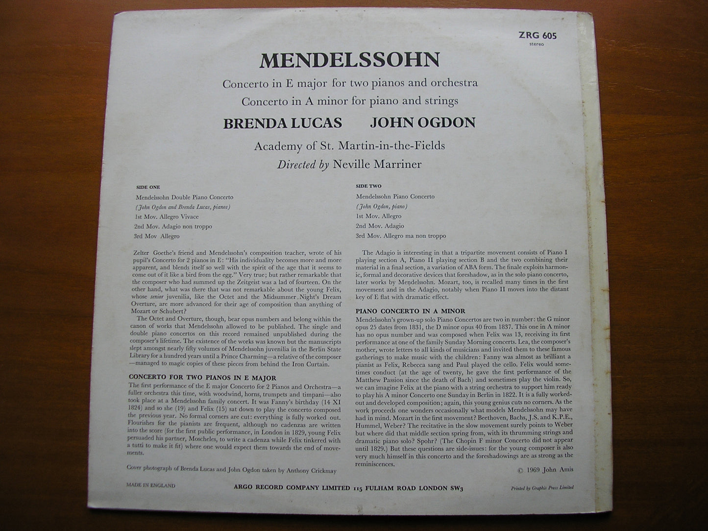 MENDELSSOHN: CONCERTO FOR TWO PIANOS / CONCERTO in A      LUCAS / OGDON / ASMIF / MARRINER      ZRG 605