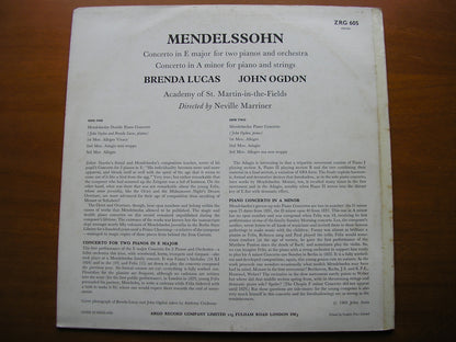 MENDELSSOHN: CONCERTO FOR TWO PIANOS / CONCERTO in A      LUCAS / OGDON / ASMIF / MARRINER      ZRG 605