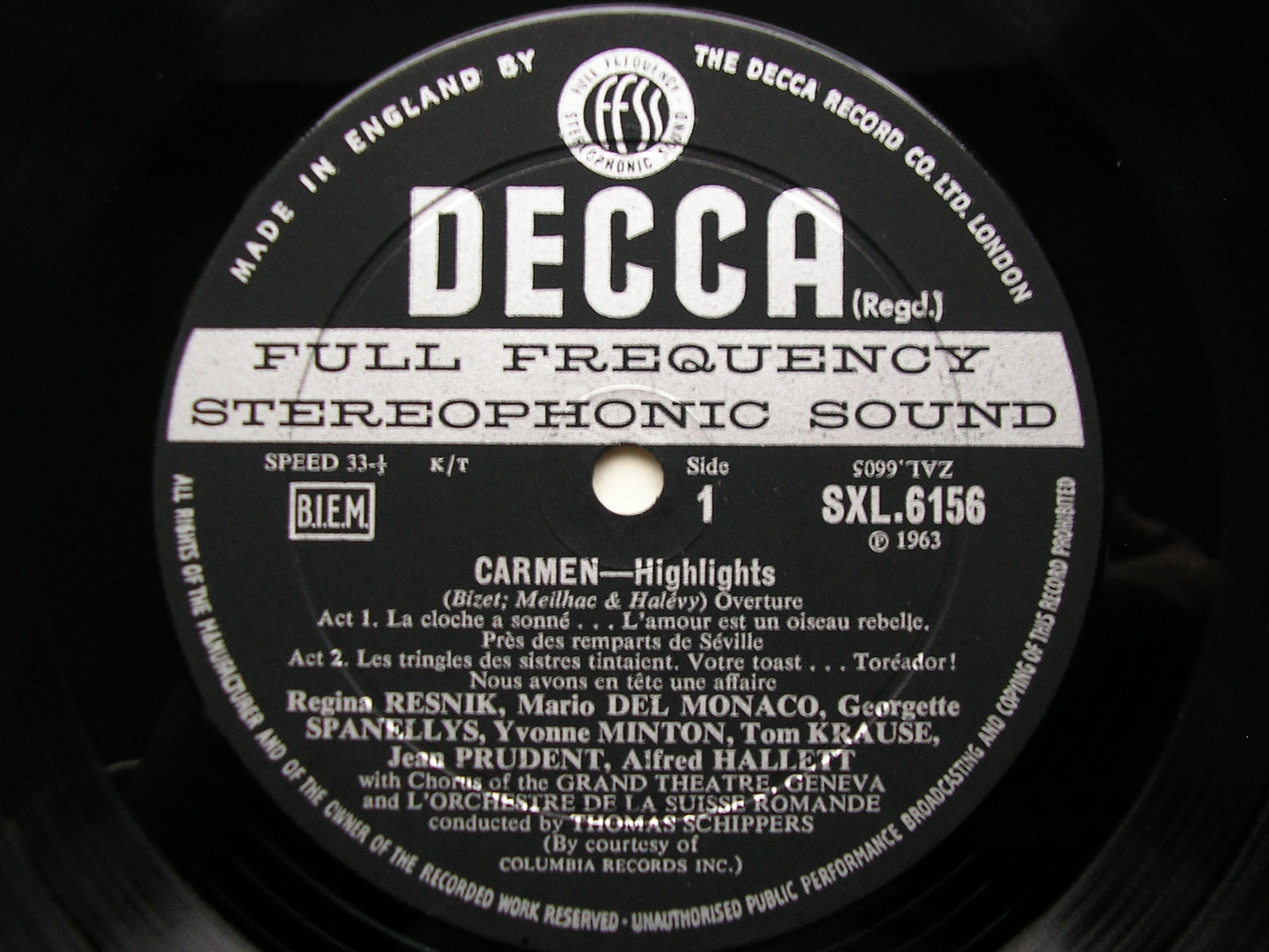 SXL 6156  BIZET: CARMEN    highlights    RESNIK / DEL MONACO / KRAUSE / SUISSE ROMANDE / SCHIPPERS     ED2