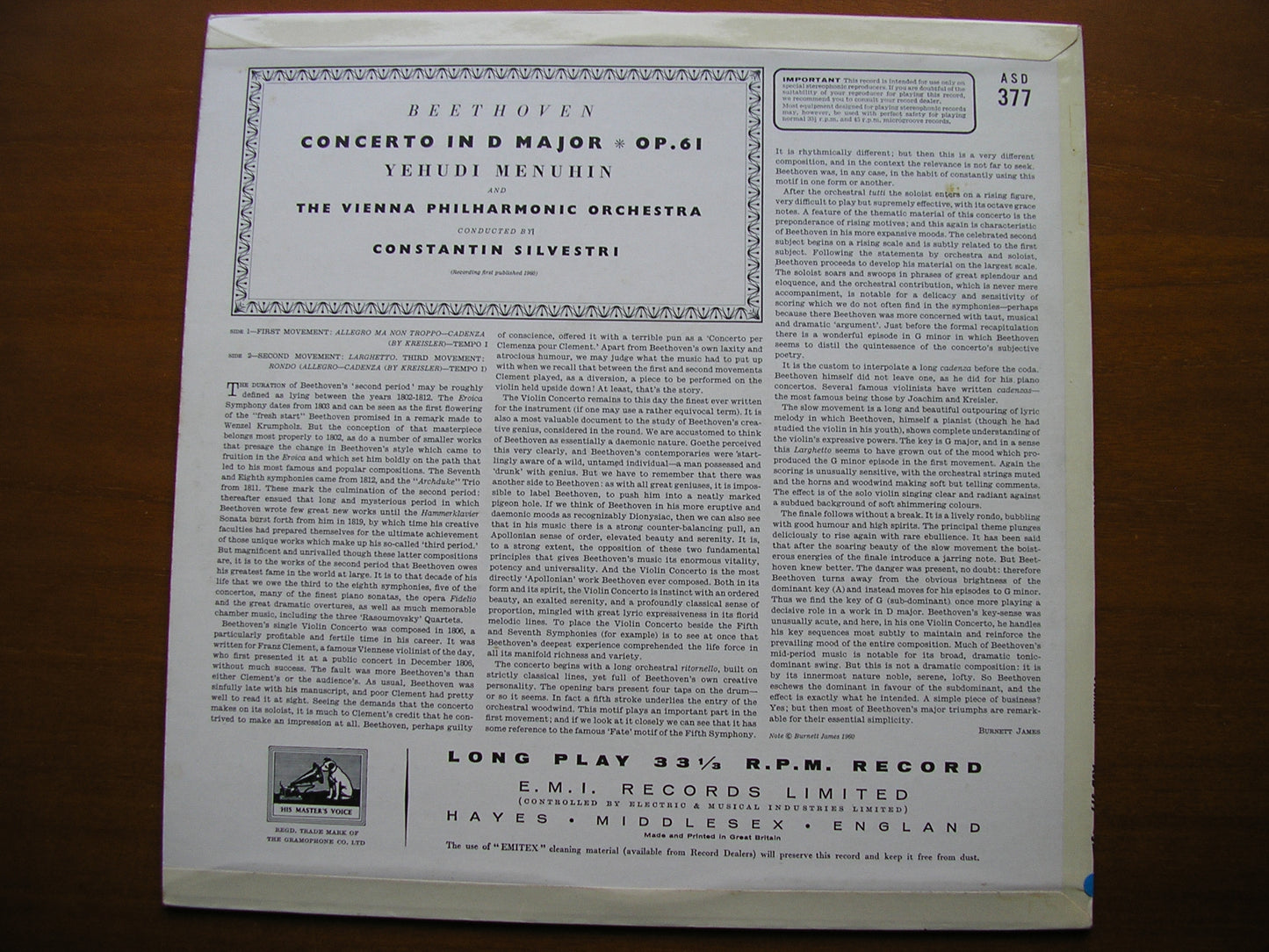 BEETHOVEN: VIOLIN CONCERTO     MENUHIN / VIENNA PHILHARMONIC / SILVESTRI     ASD 377