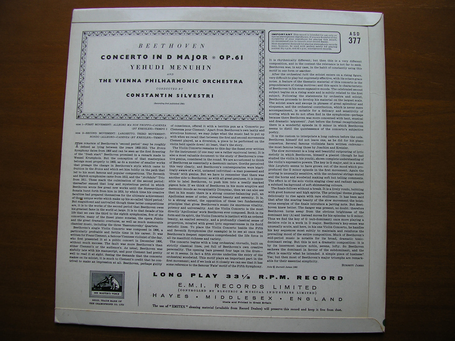 BEETHOVEN: VIOLIN CONCERTO     MENUHIN / VIENNA PHILHARMONIC / SILVESTRI       ASD 377