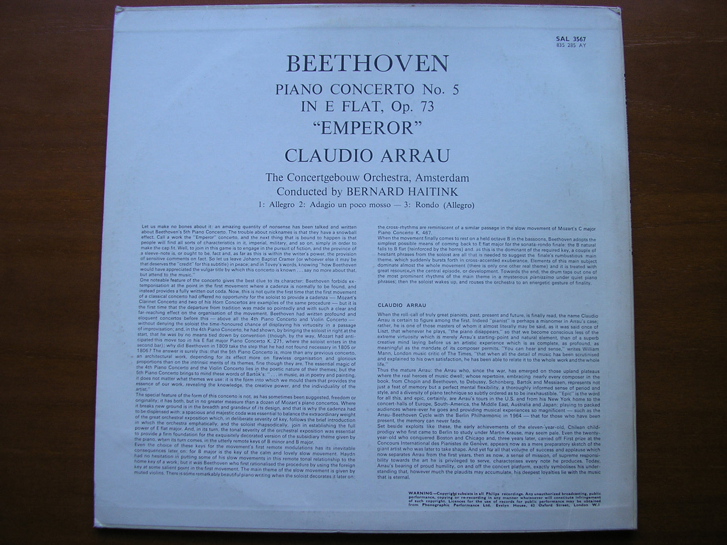 BEETHOVEN: PIANO CONCERTO No. 5 'Emperor'       ARRAU / CONCERTGEBOUW ORCHESTRA / HAITINK      SAL 3567