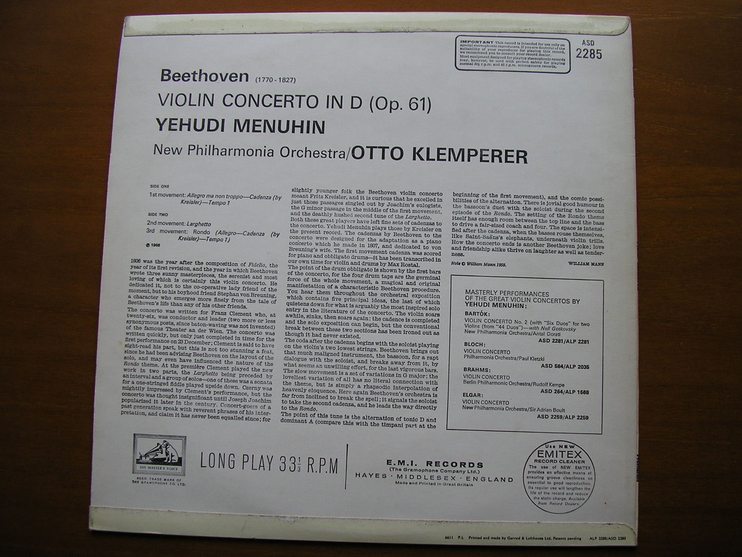 BEETHOVEN: VIOLIN CONCERTO     MENUHIN / NEW PHILHARMONIA / KLEMPERER     ASD 2285