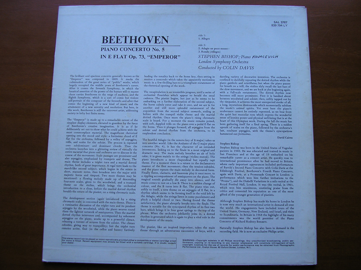 BEETHOVEN: PIANO CONCERTO No. 5 'Emperor'      BISHOP / LONDON SYMPHONY / DAVIS      SAL 3787