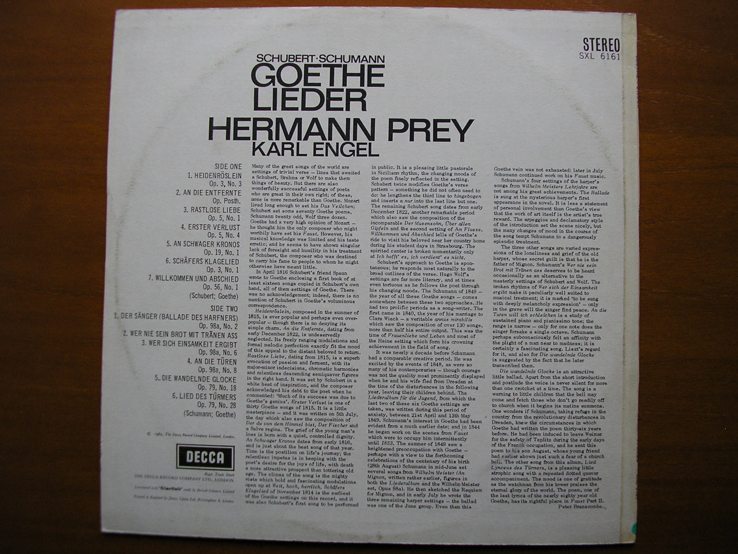 SXL 6161  GOETHE LIEDER: SCHUBERT / SCHUMANN      HERMANN PREY / KARL ENGEL      ED2
