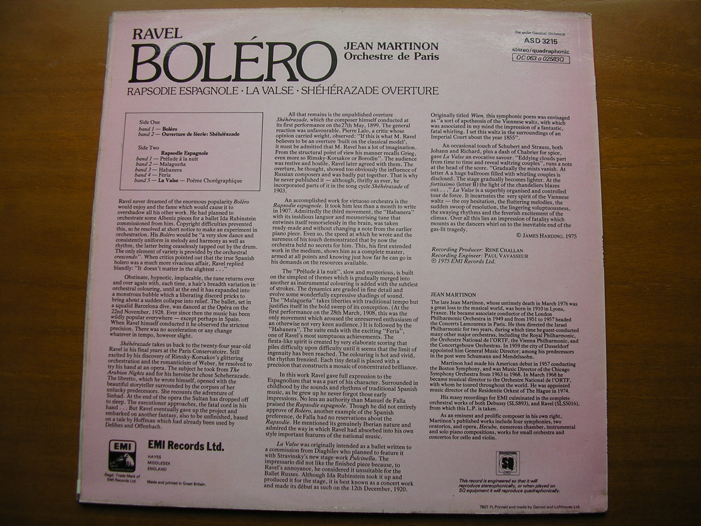 RAVEL: BOLERO / LA VALSE / RAPSODIE ESPAGNOLE      MARTINON / ORCHESTRE DE PARIS     ASD 3215