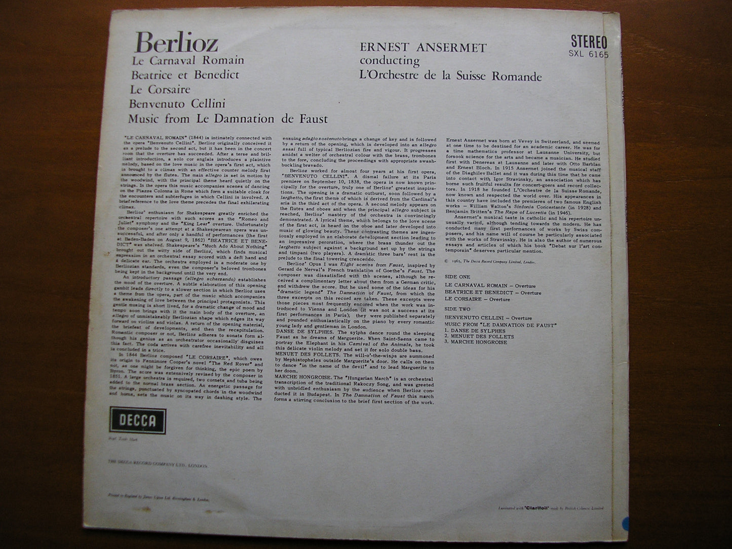 SXL 6165  BERLIOZ: ORCHESTRAL MUSIC       ANSERMET / SUISSE ROMANDE ORCHESTRA    ED1