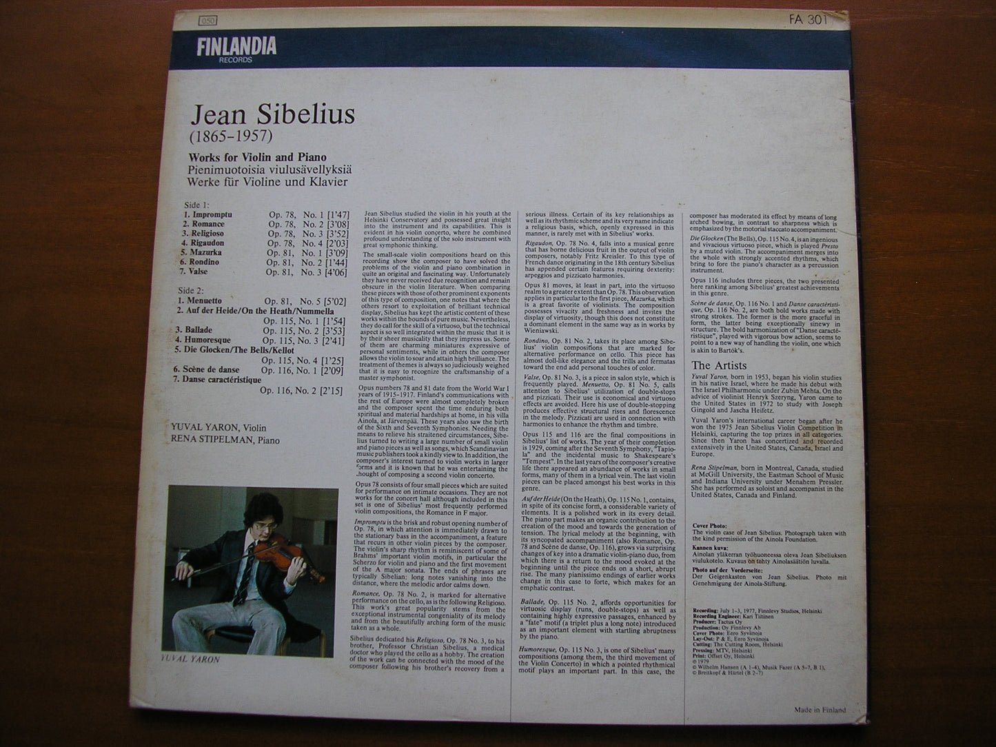 SIBELIUS: MUSIC FOR VIOLIN & PIANO       YARON / STIPELMAN      FA 301