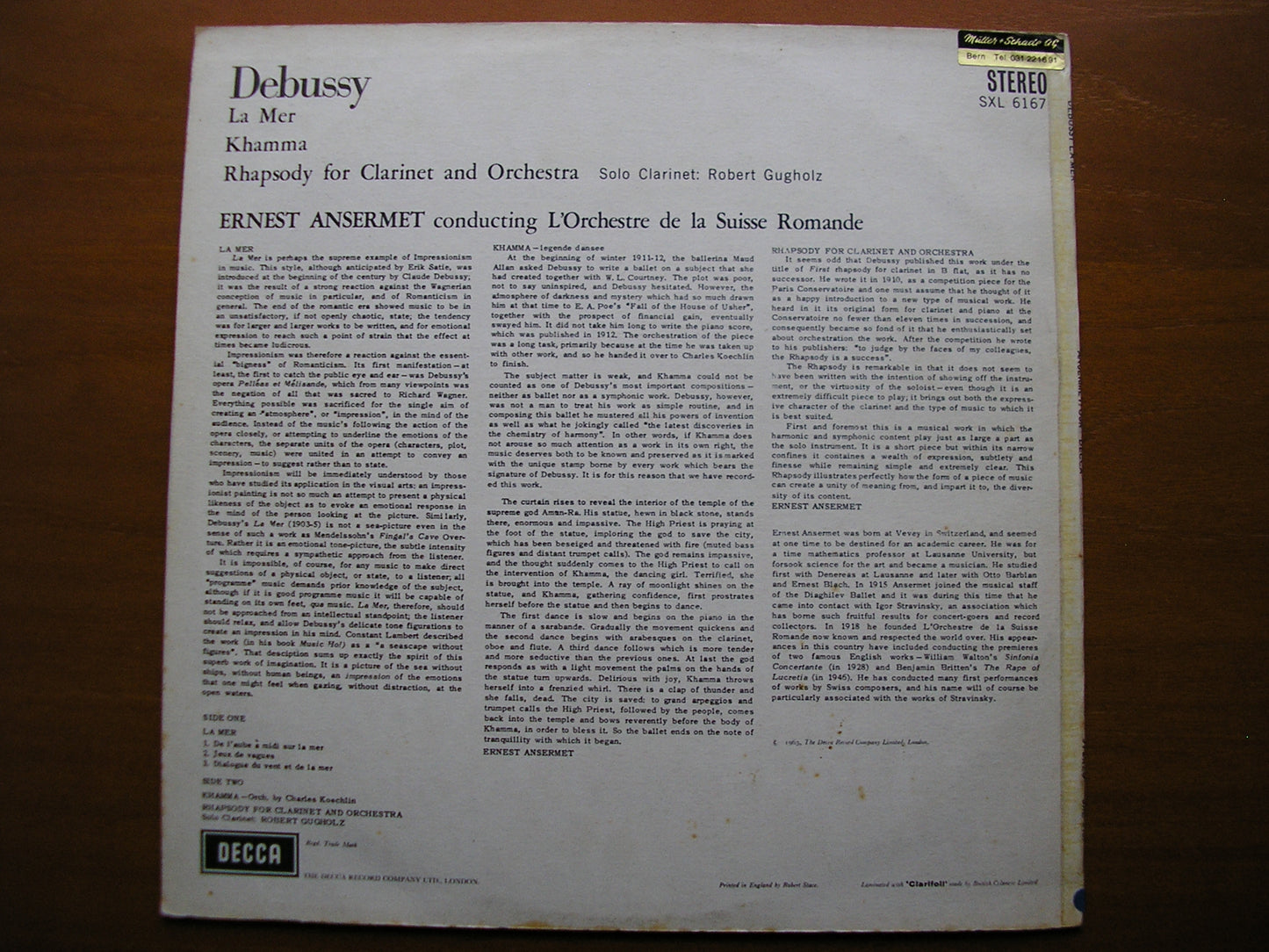 SXL 6167  DEBUSSY: LA MER / KHAMMA / RHAPSODY      ANSERMET / SUISSE ROMANDE    ED1