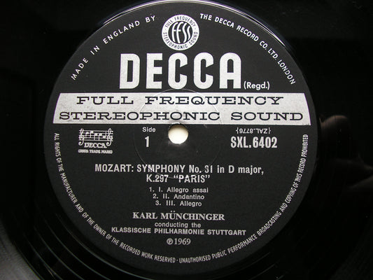 MOZART: SYMPHONIES Nos. 31 'Paris' / 32 / 35 'Haffner'      MUNCHINGER / STUTTGART PHILHARMONIC    SXL 6402