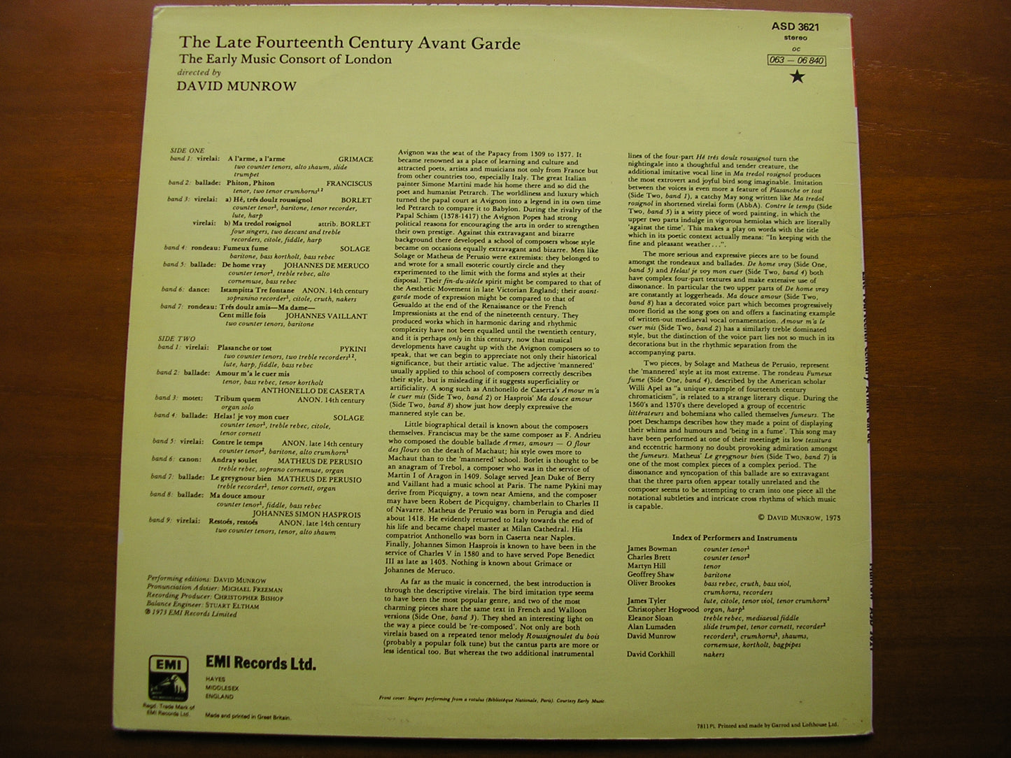 LATE 14th CENTURY AVANT GARDE: SONGS & INSTRUMENTAL PIECES     THE EARLY MUSIC CONSORT OF LONDON / MUNROW     ASD 3621
