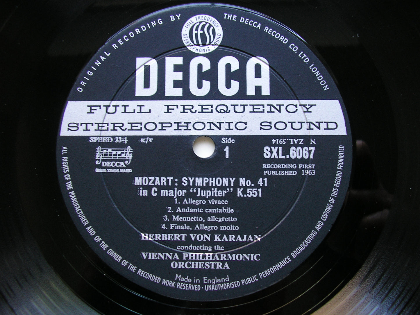MOZART: SYMPHONY No. 41  'Jupiter'  /  HAYDN: SYMPHONY No. 103 'Drum Roll'      KARAJAN / VIENNA PHILHARMONIC      SXL 6067