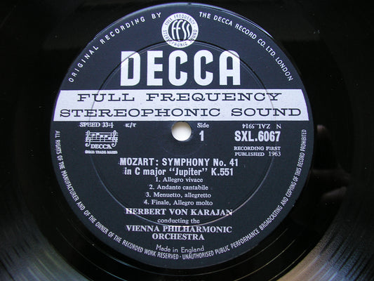 MOZART: SYMPHONY No. 41  'Jupiter'  /  HAYDN: SYMPHONY No. 103 'Drum Roll'      KARAJAN / VIENNA PHILHARMONIC      SXL 6067