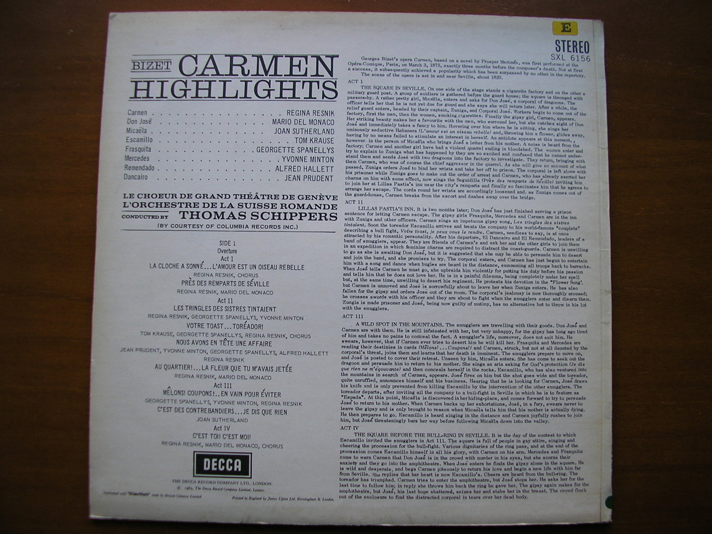 SXL 6156  BIZET: CARMEN    highlights    RESNIK / DEL MONACO / KRAUSE / SUISSE ROMANDE / SCHIPPERS     ED2