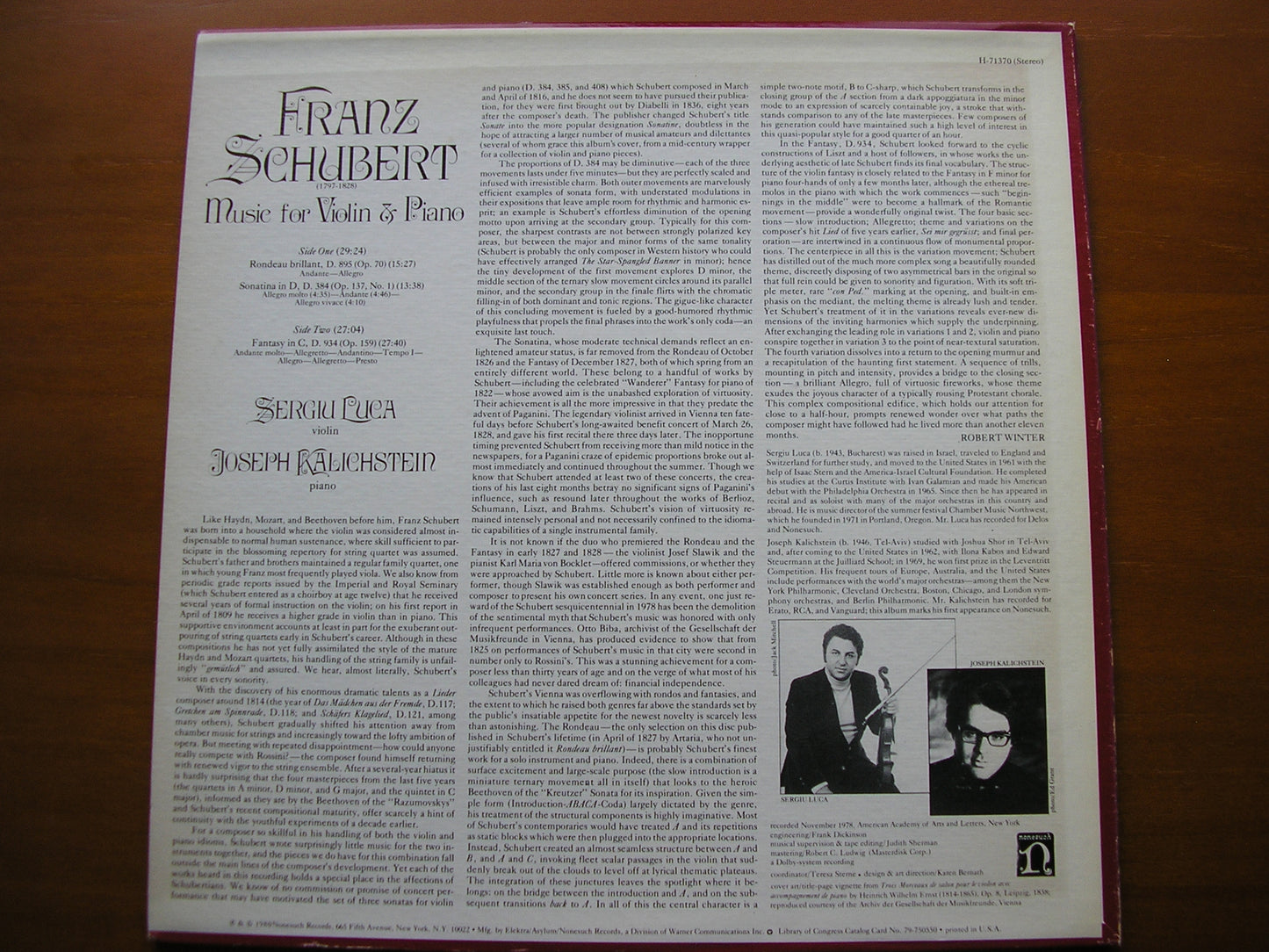 SCHUBERT: MUSIC FOR VIOLIN & PIANO     SERGIU LUCA / JOSEPH KALICHSTEIN      H-71370