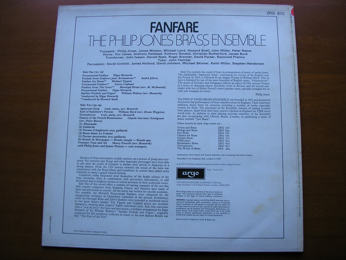 FANFARE: MUSIC FOR BRASS       PHILIP JONES BRASS ENSEMBLE / HOWARTH / SNELL   Test Pressing    ZRG 870
