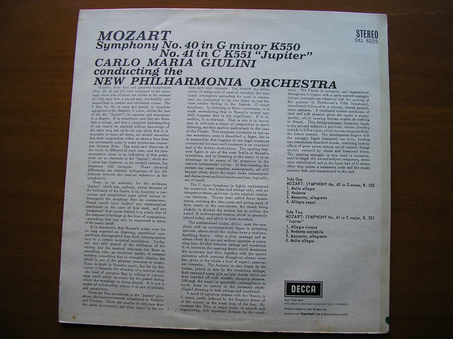 MOZART: SYMPHONIES Nos. 40  &  41  'Jupiter'      GIULINI / NEW PHILHARMONIA     SXL 6225