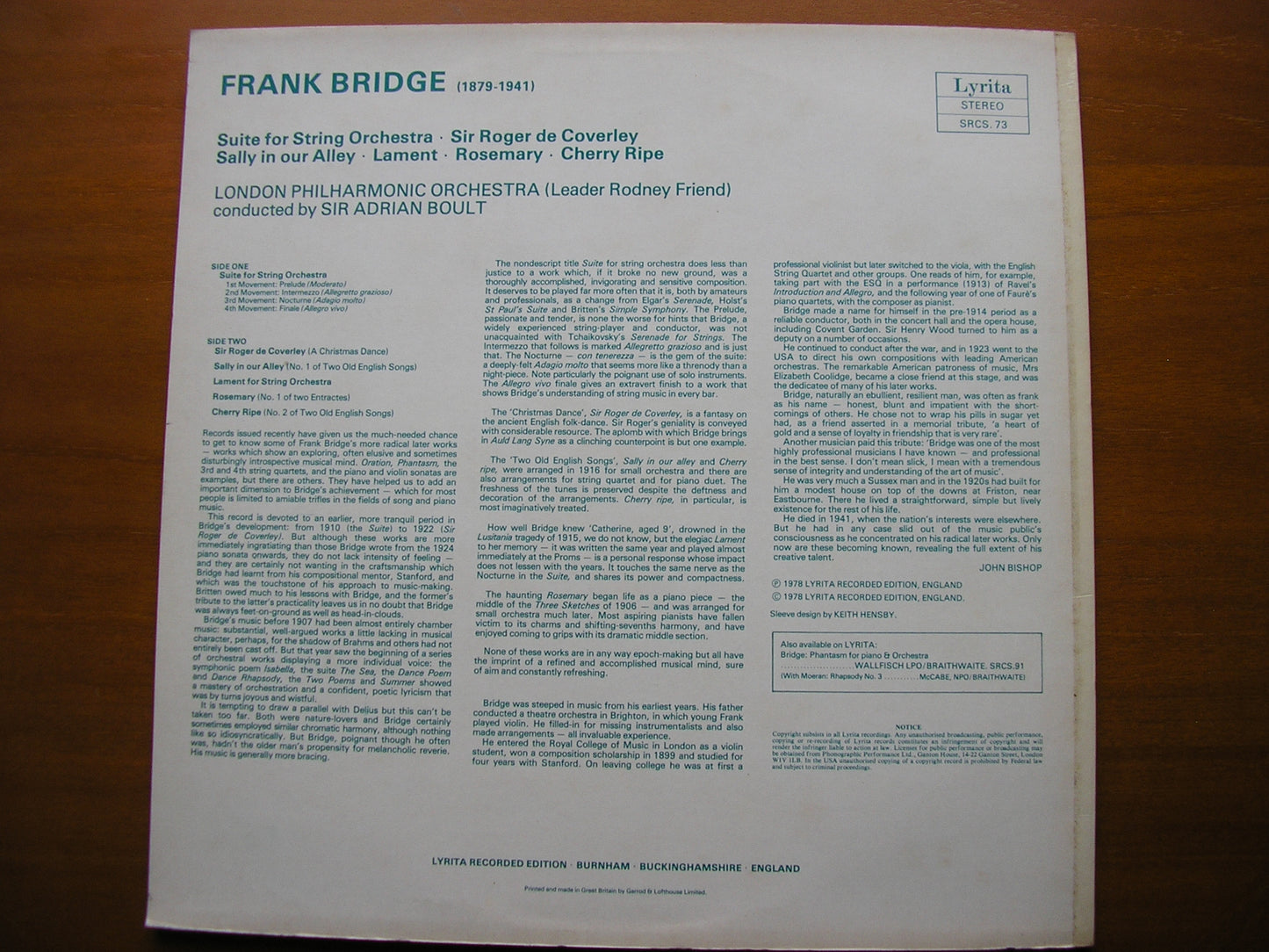 BRIDGE: SUITE FOR STRINGS / CHERRY RIPE / SALLY IN OUR ALLEY / LAMENT      BOULT / LONDON PHILHARMONIC    SRCS 73