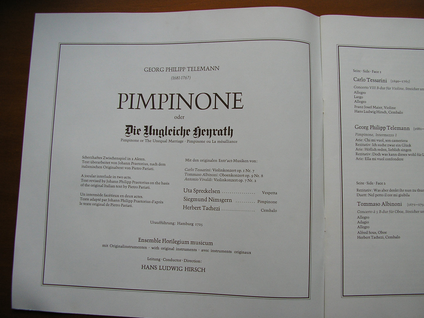 TELEMANN: PIMPINONE  (1725)   SPRECKELSEN / NIMSGERN / ENSEMBLE FLORILEGIUM MUSICUM / HIRSCH     2LP    4.41953 CX