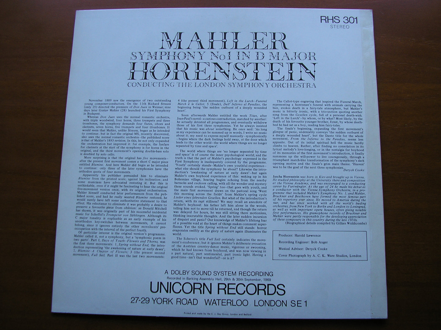 MAHLER: SYMPHONY No. 1      HORENSTEIN / LONDON SYMPHONY    RHS 301
