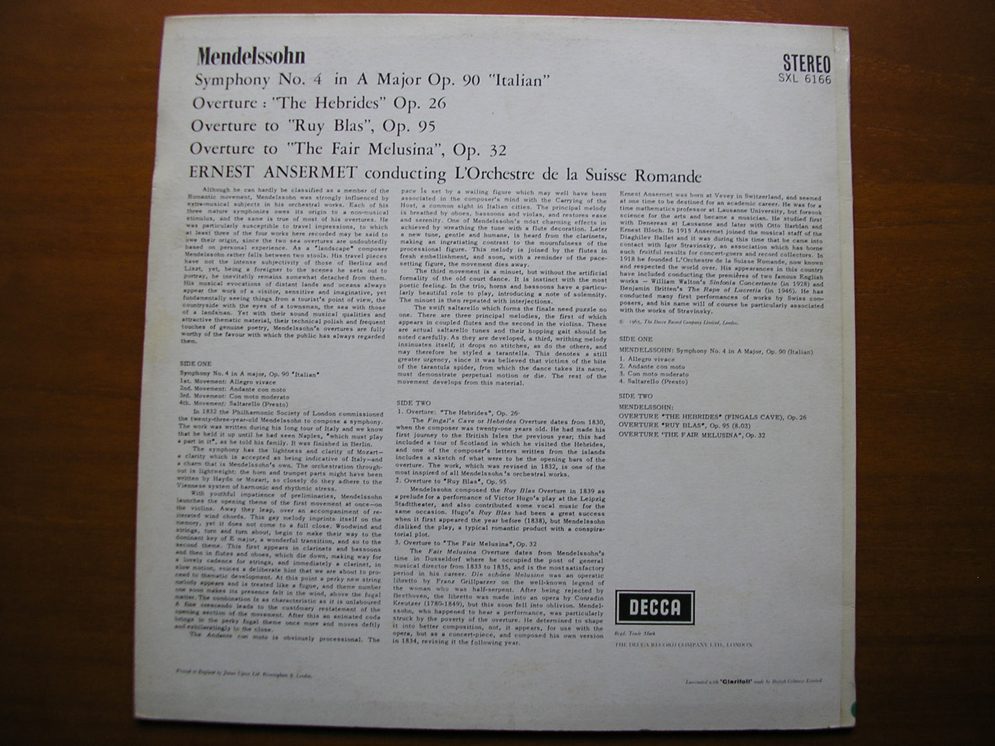 SXL 6166  MENDESSOHN: SYMPHONY No. 4  'Italian'  / THREE OVERTURES      ANSERMET / SUISSE ROMANDE     ED2