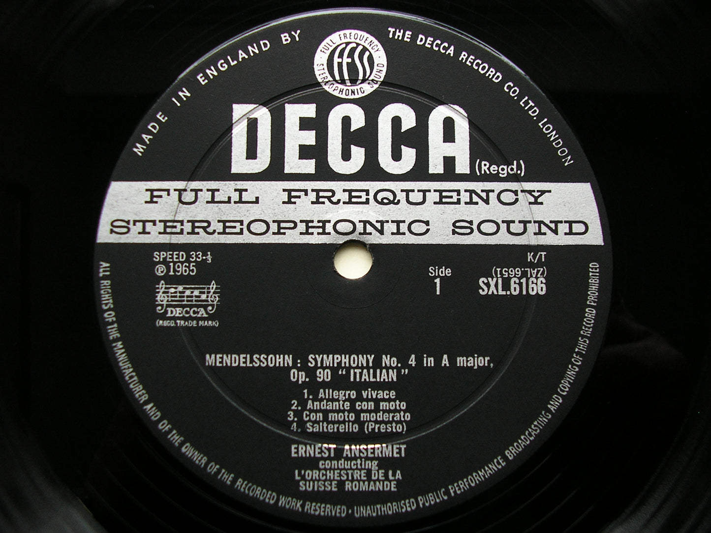 SXL 6166  MENDESSOHN: SYMPHONY No. 4  'Italian'  / THREE OVERTURES      ANSERMET / SUISSE ROMANDE     ED2