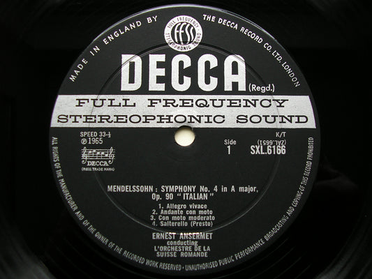 SXL 6166  MENDESSOHN: SYMPHONY No. 4  'Italian'  / THREE OVERTURES      ANSERMET / SUISSE ROMANDE     ED2