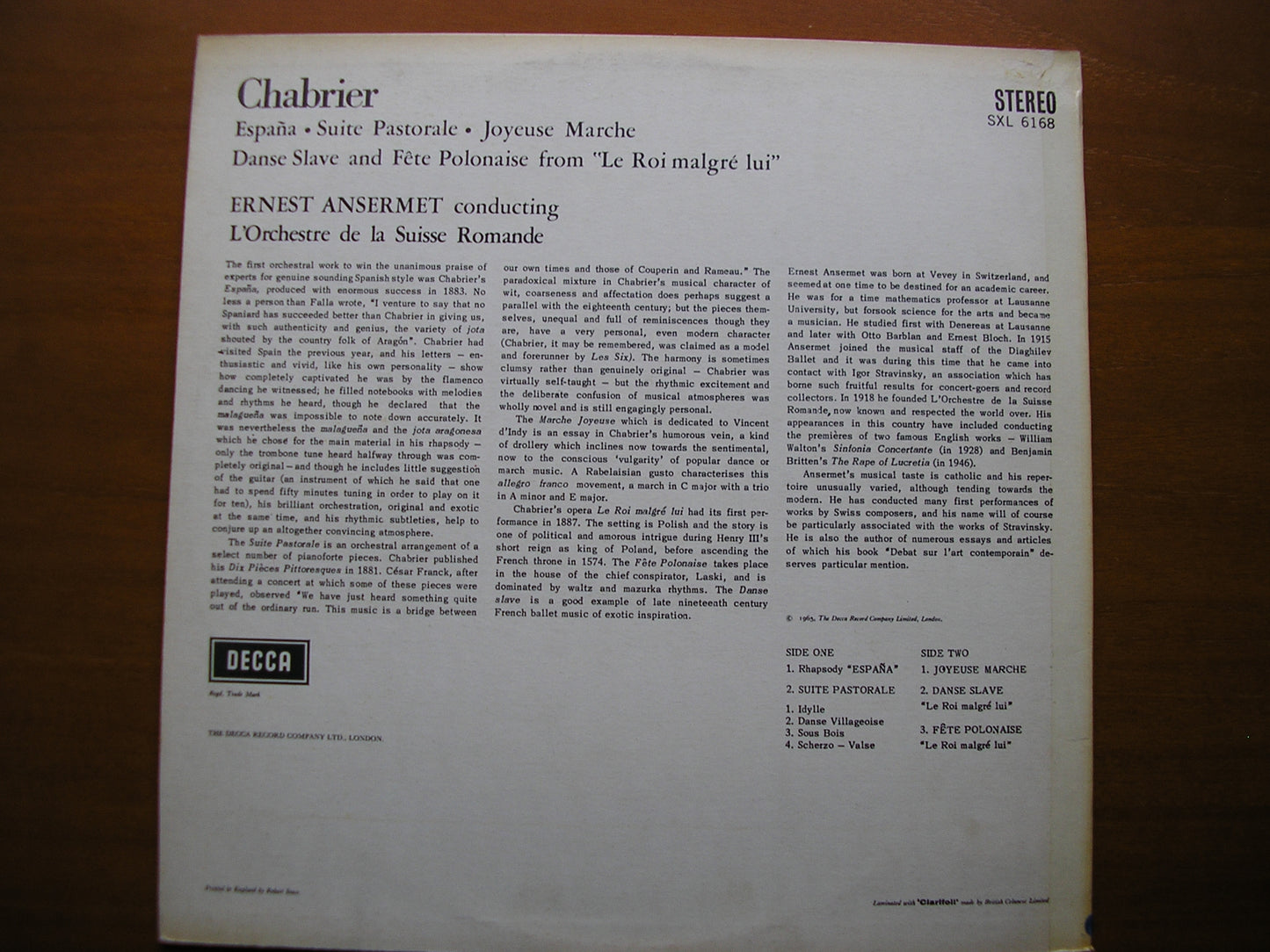 SXL 6168  CHABRIER: ESPANA / SUITE PASTORALE / JOYEUSE MARCHE        ANSERMET / SUISSE ROMANDE      ED1