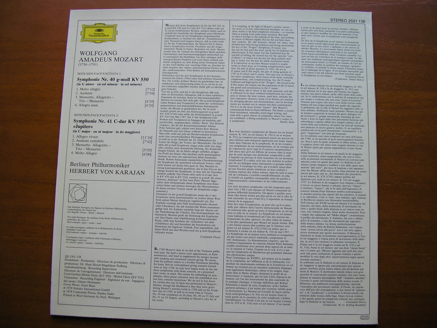 MOZART: SYMPHONIES  Nos. 40  &  41  'Jupiter'        KARAJAN / BERLIN PHILHARMONIC     2531 138