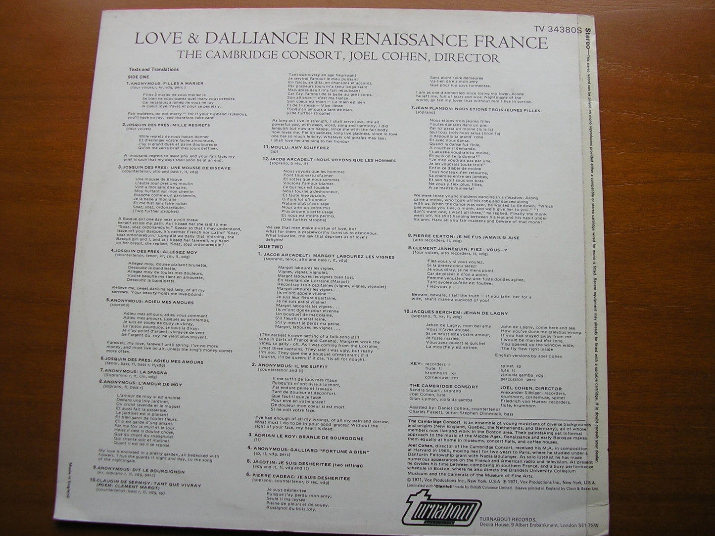 LOVE & DALLIANCE IN RENAISSANCE FRANCE       JOEL COHEN / THE CAMBRIDGE CONSORT    TV 34380S