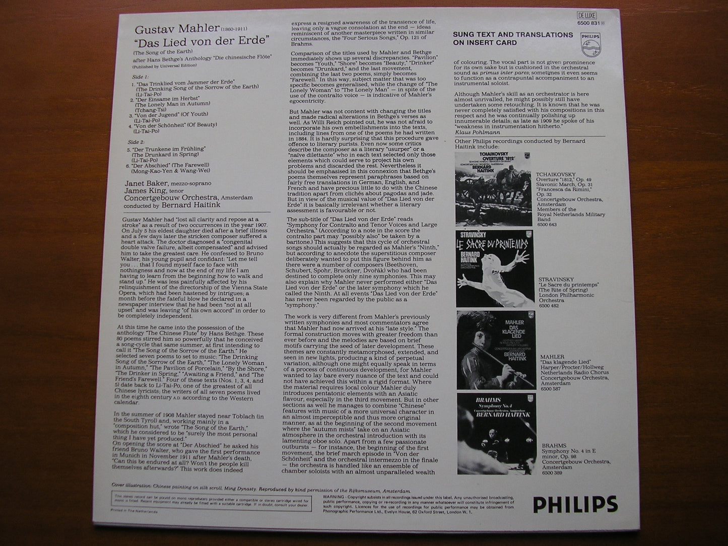 MAHLER: DAS LIED VON DER ERDE      BAKER / KING / CONCERTGEBOUW ORCHESTRA / HAITINK     6500 831